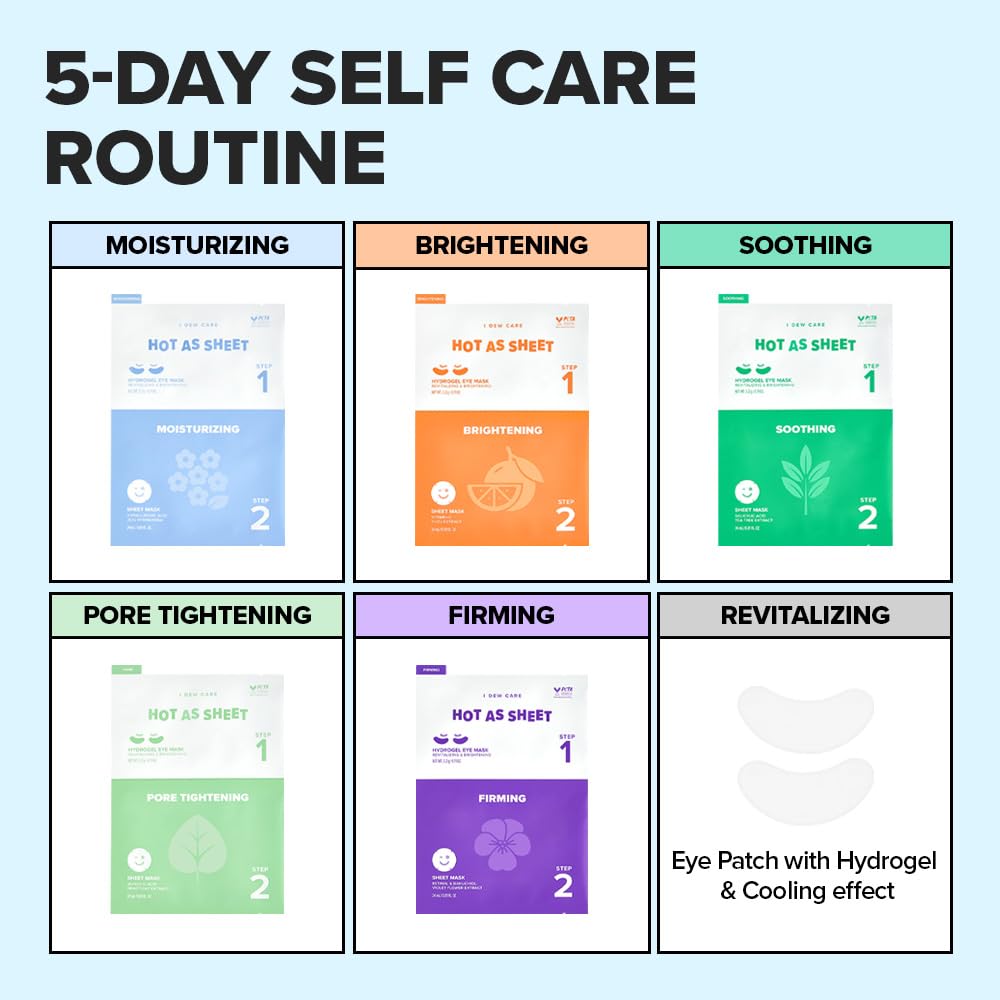 Collagen Sheet Mask Variety Pack - Hydrating Korean Face Masks with Eye Patches | 5-Day Skincare Set