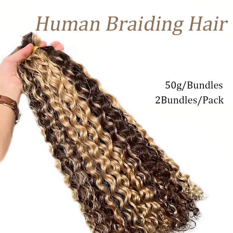 Human Braiding Hair - Ombre Blonde Curly Bulk 100G | 14 Inch Water Wave Braids, 2 Bundles