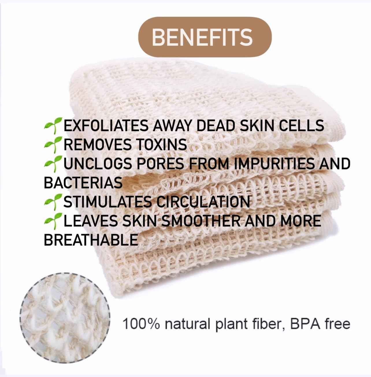 100% Natural Sisal Washcloth. Gentle Exfoliation for Smoother Skin. Durable & Reusable for Face & Body. 100% Biodegradable. Removes Dead Skin Cells + Stimulates Circulation & Energy. (3 Pcs)