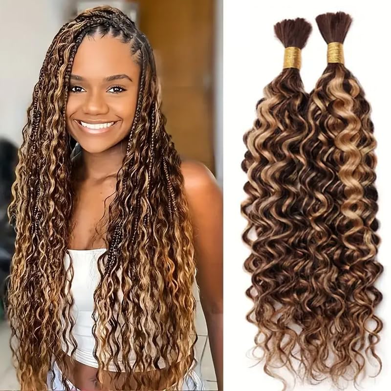 Human Braiding Hair - Ombre Blonde Curly Bulk 100G | 14 Inch Water Wave Braids, 2 Bundles