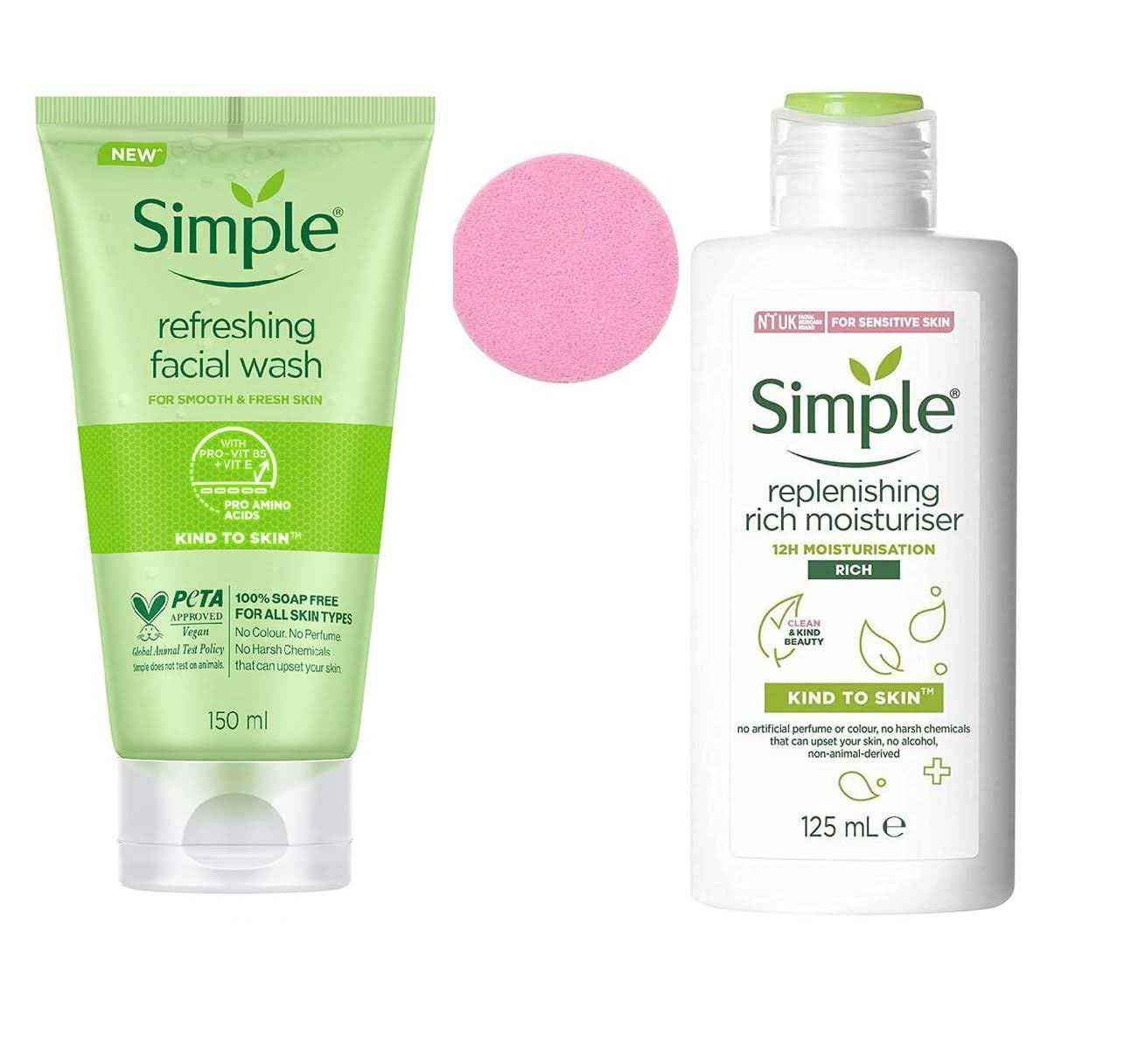 YDF Simple Hydrating Rich Moisturizer, 4.2 Ounce - Simple Moisturizing Facial Wash, 5 Ounce - With Compressed Face Sponge