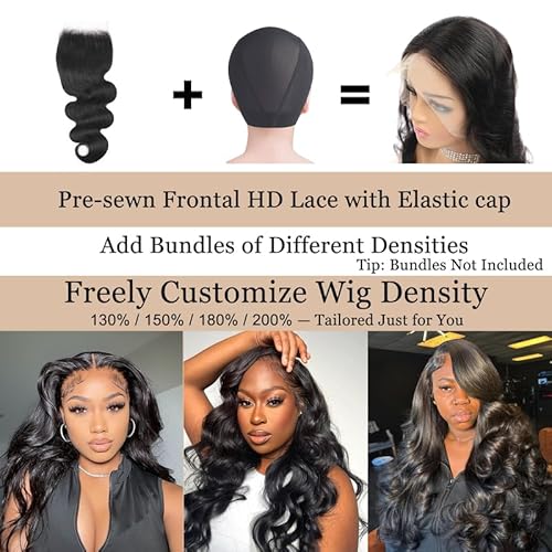 Pre-sewn 9x6 HD Lace Closure with Glueless Cap ? Body Wave Human Hair Closure with Baby Hair, Bleach & Dye Friendly, Beginner Friendly 16 Inch Natural Black