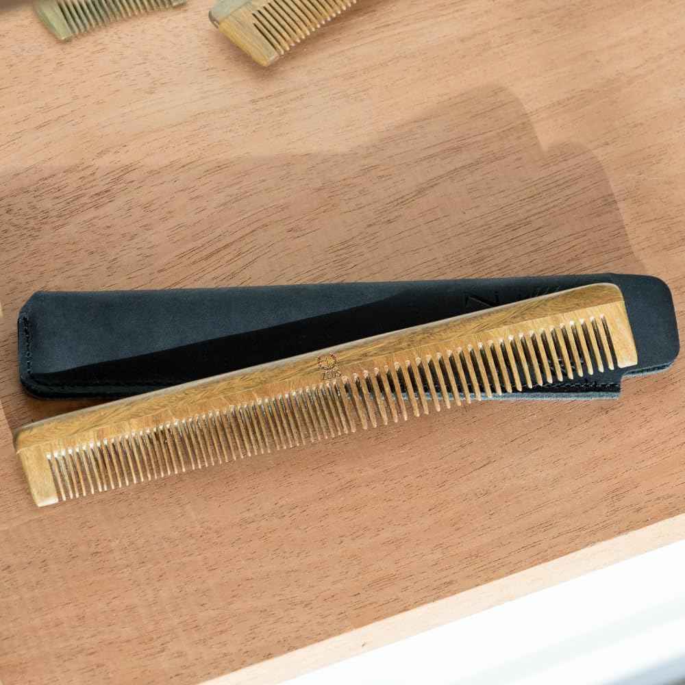 ZEUS Sandalwood Beard & Mustache Comb for Men with Leather Case, Handmade Anti-Static Saw-Cut Wood Comb for Grooming (L31)