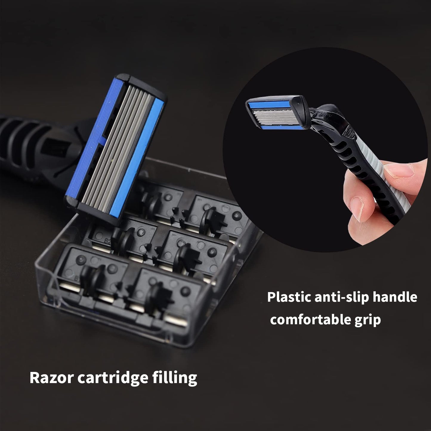 6-Blade Razor,Plastic Anti-slip Men Manual Refill Cartridges razors, Reusable Face Cleansing Care Tool, 30 pcs refill cartridges, Shave Supplies for Men and Women - Black