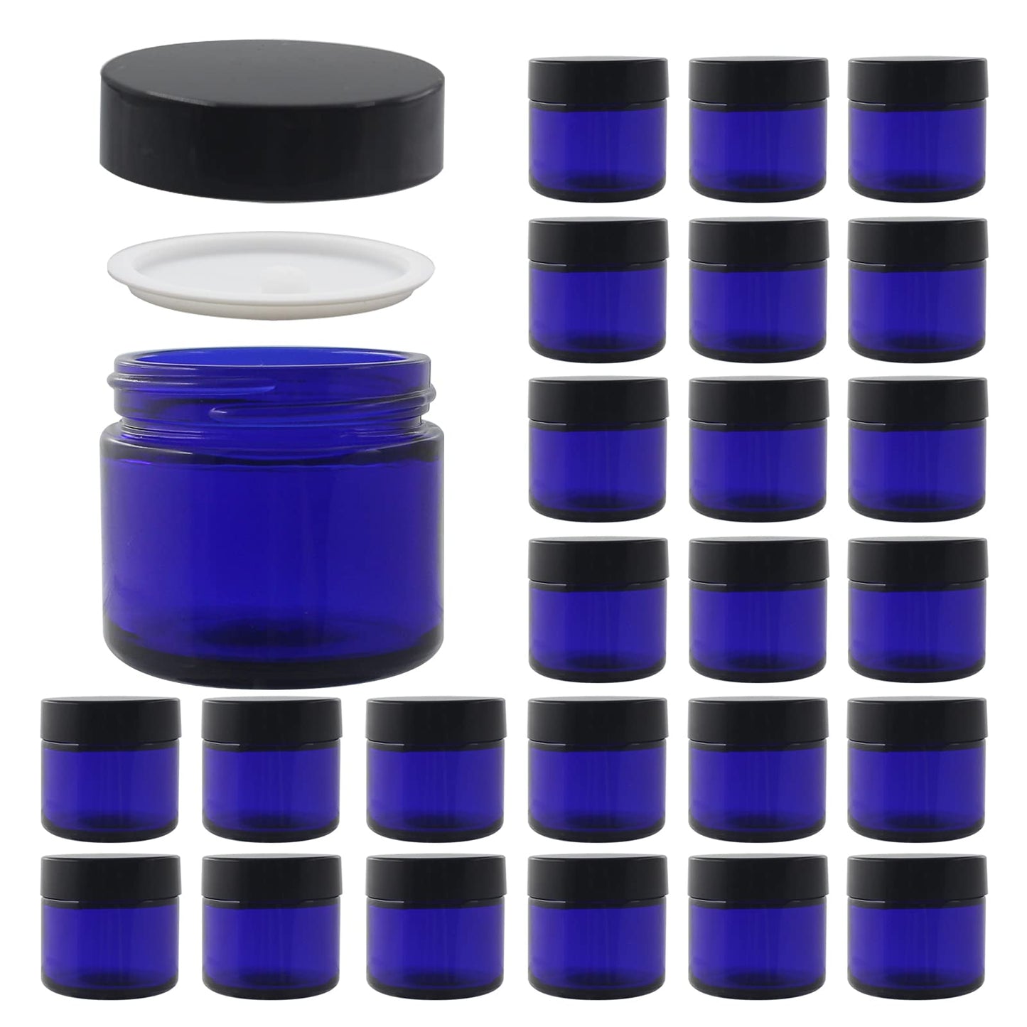 BPFY 24 Pack 2 oz Round Blue Glass Cosmetic Jars with Inner Liners and Black Lids, Travel Jars, Refillable Containers for Makeup, Cream, Lotion, Sugar Scrubs, Eye Shadow, Slime, Paint, Jewelry