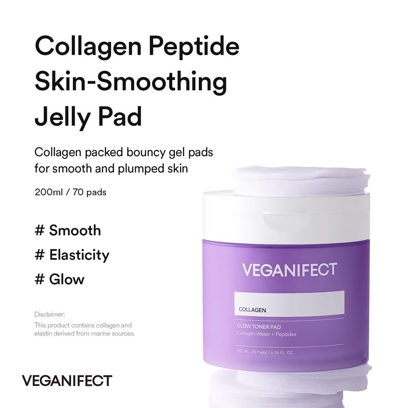 VEGANIFECT Collagen Peptide Jelly Toner Pads | Dual-Function Skincare for Wrinkle Care | Pore Tightening, Elasticity Boost, and Glow Radiance, Korean Skincare | 6.76 fl.oz.(200ml)*70Pads