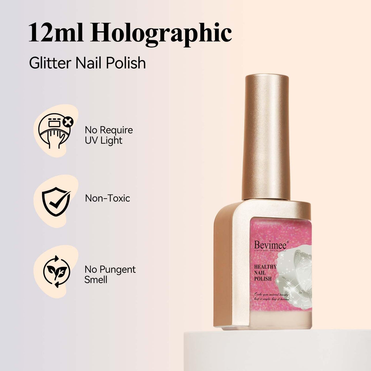 Bevimee Glitter Nail Polish 12ML Quick Dry Shimmer Holographic Long Lasting Nails Iridescent Fingernail Polish Reflective Nail Lacquer Sparkle Color for Beginner-1PC