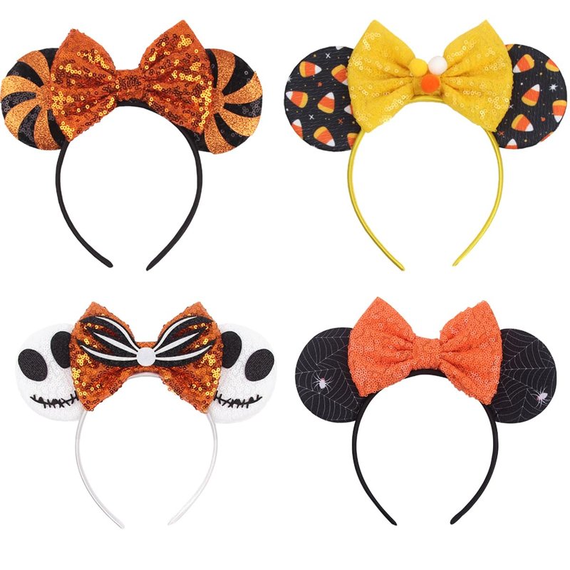 WelyHM Halloween 4pcs Sequin Pumpkin Spider Ghost Cat Ear Headband Hair Accessories for Princess Cosplay Costume Party