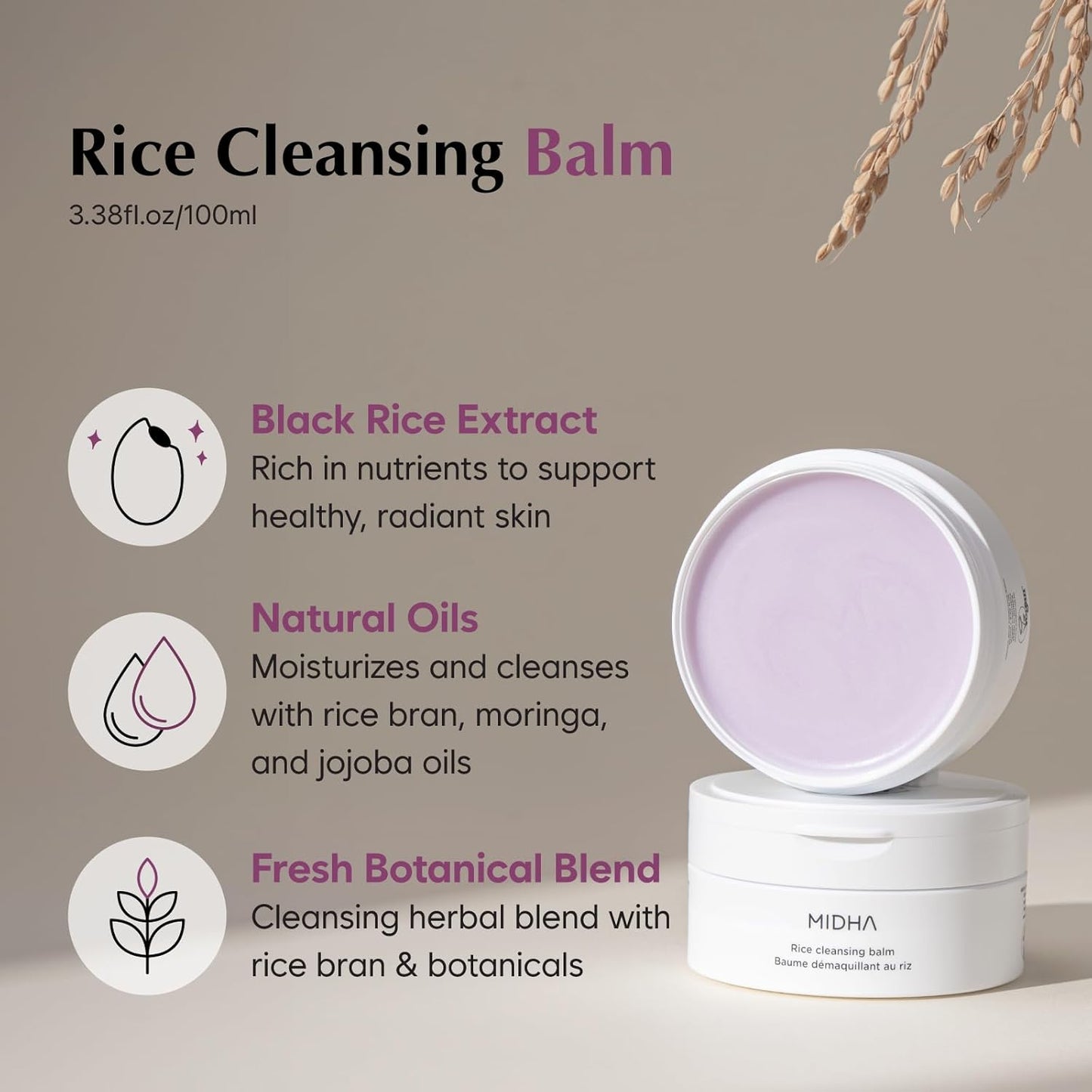 Midha Rice Cleansing Balm - Deep Cleansing & Moisturizing Makeup Remover | 3.38 fl. oz / 100 ml