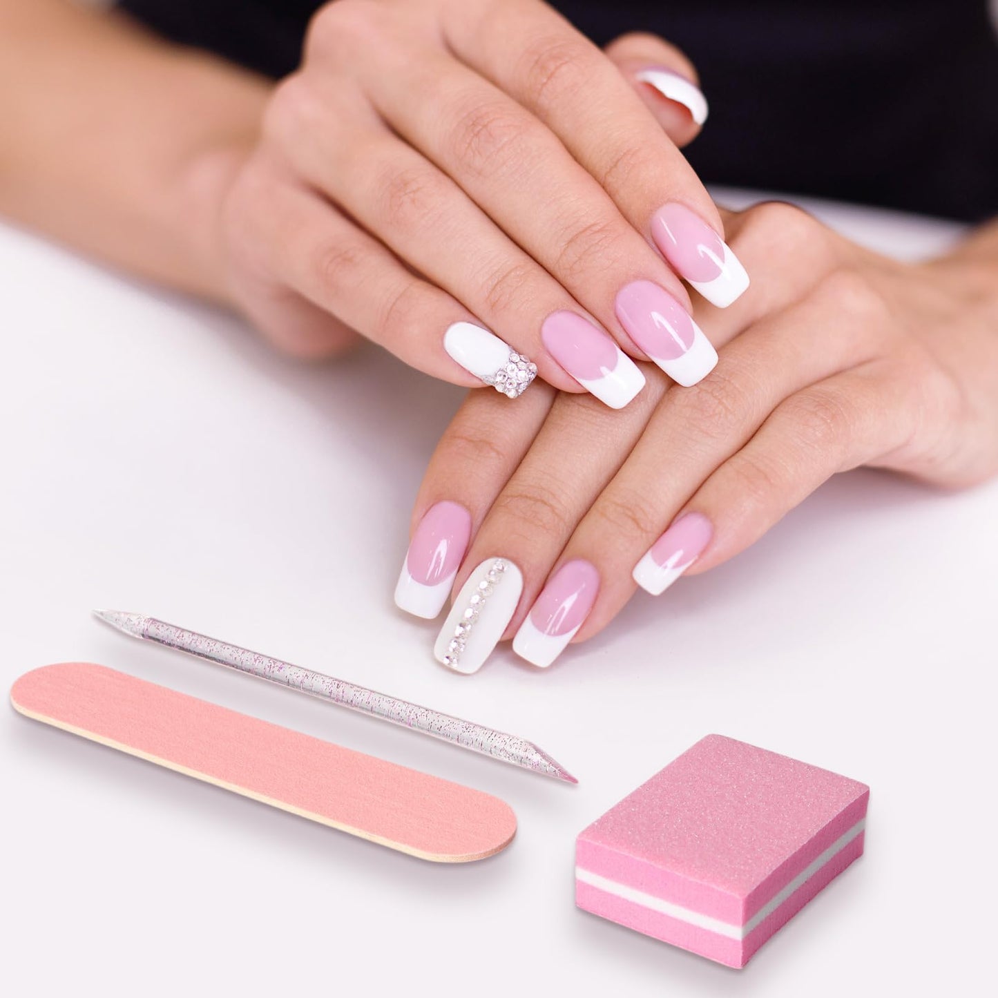 40 Sets Professional Manicure Press On Nail Tool Kit, Pink Disposable Manicure Nail Supplies kit with Mini Nail File,Mini Nail Buffer,Nail Stick