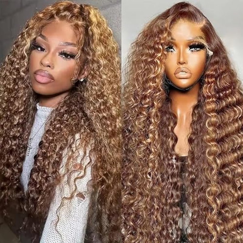 13x6 Highlight Ombre Lace Front Wigs Human Hair P4/27 Honey Blonde Lace Frontal Wigs Human Hair 200 Density Colored deep Curly Glueless Lace Front Wigs Pre Plucked with Baby Hair for Women (24 Inch)