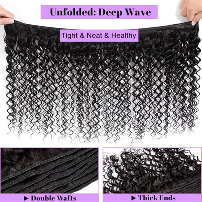Deep Wave Human Hair Bundles 18 20 22 Inch Deep Wave Bundles 100% Unprocessed Brazilian Virgin Hair 3 Bundles Curly Bundles Hair Extensions Real Human Hair Wavy Quick Weave Bundles Natural Black