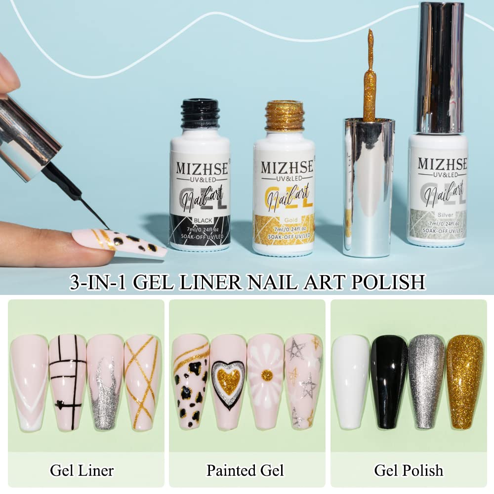 MIZHSE Gel Liner Nail Art Paint Set - 4 Pcs Glitter Silver & Gold for Stunning French Designs | Soak Off Manicure