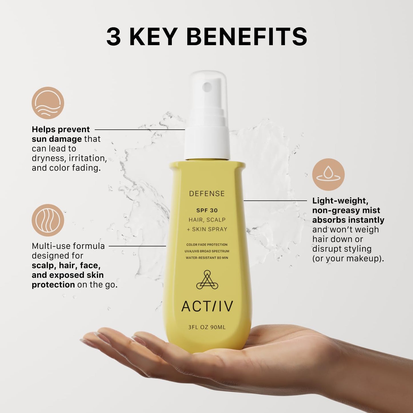 ACTIIV Defense SPF 30 Hair, Scalp + Skin Spray | Protects Hair & Scalp From UV Damage, Maintains Scalp Health, Lightweight Non-Greasy Formula, Water-Resistant,Plant-Based, All Hair Types, 3 oz