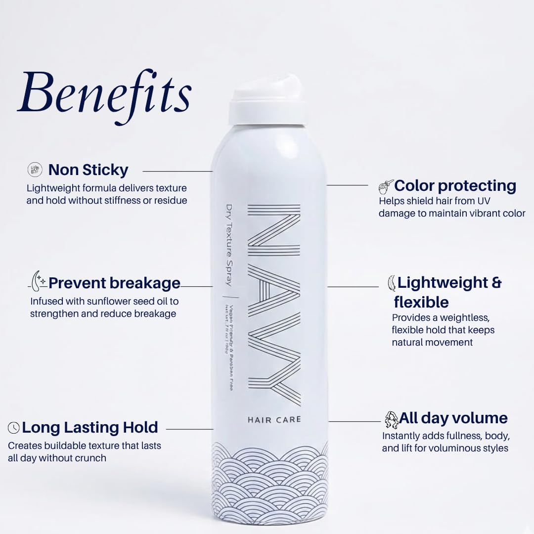 NAVY HAIR CARE Dry Texture Spray | Volumizing Hair Spray for Thin, Flat & Fine Hair | Flexible Hold for Soft, Touchable Beach Waves | Adds Shine | Cruelty-Free | 7 oz