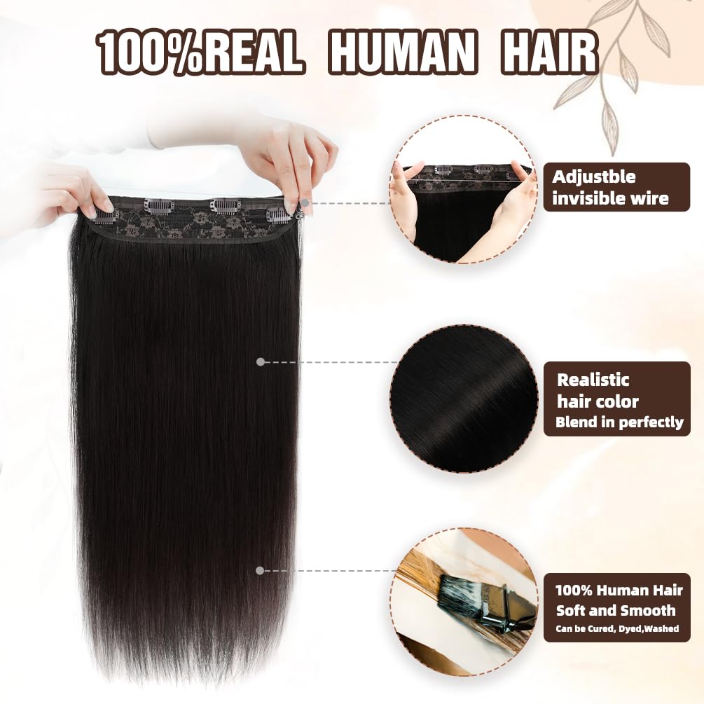 Invisible Wire Hair Extensions Real Human Hair - 14 Inch 70G Chestnut Brown Transparent Fish Line Clip-Ins Hair Piece, 100% Remy Human Hair Extensions for Women