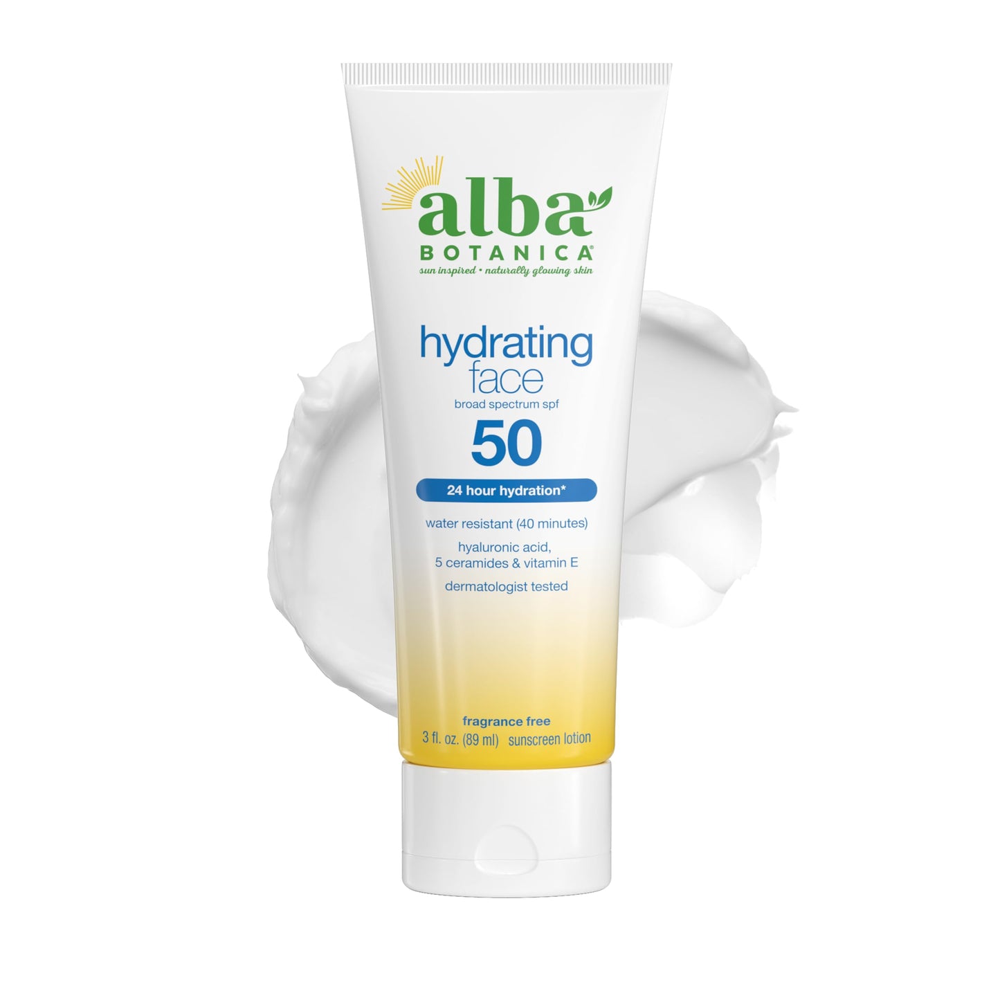 Alba Botanica Hydrating Face Sunscreen Lotion, SPF 50 Broad Spectrum Protection, 24 Hour Hydration, Water Resistant (40 minutes), Fragrance Free, Oxybenzone-Free, 3 Fl. Oz