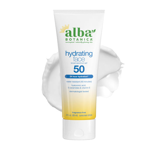 Alba Botanica Hydrating Face Sunscreen Lotion, SPF 50 Broad Spectrum Protection, 24 Hour Hydration, Water Resistant (40 minutes), Fragrance Free, Oxybenzone-Free, 3 Fl. Oz