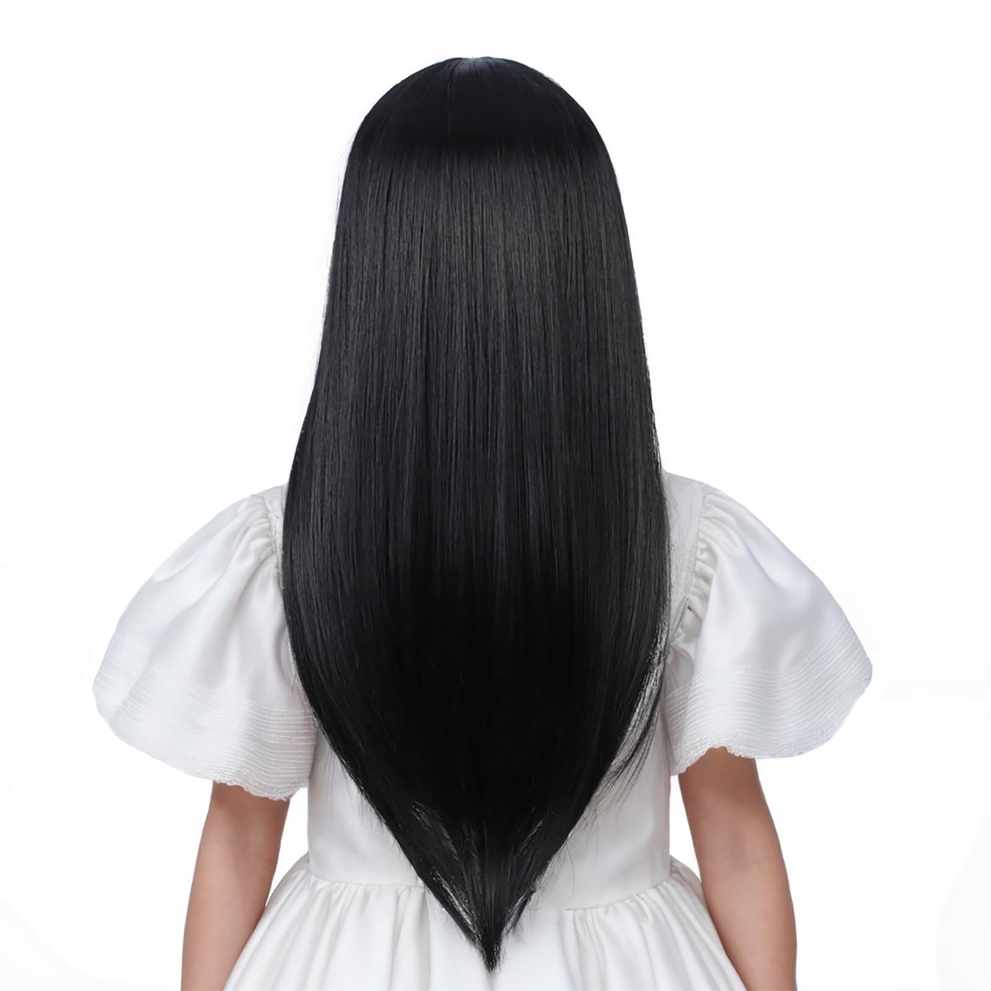Edivd Black Wig for Child Long Natural Black Wig with Air Bangs for Girls Long Straight Wigs for Kids Heat Resistant Synthetic Wigs with Cap