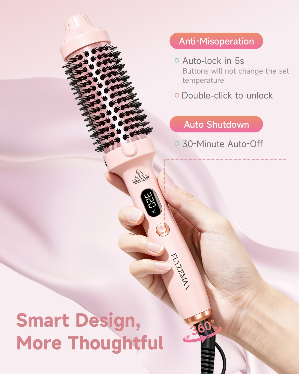 Thermal Brush, FLYZEMAA 1.5 Inch Heated Round Brush for Long Dry Hair, Heated Brushes Straightener with 3 Temp Settings, Blowout Brushes for Curling & Volumizing, Anti-Scald Nylon Bristles(Pink)