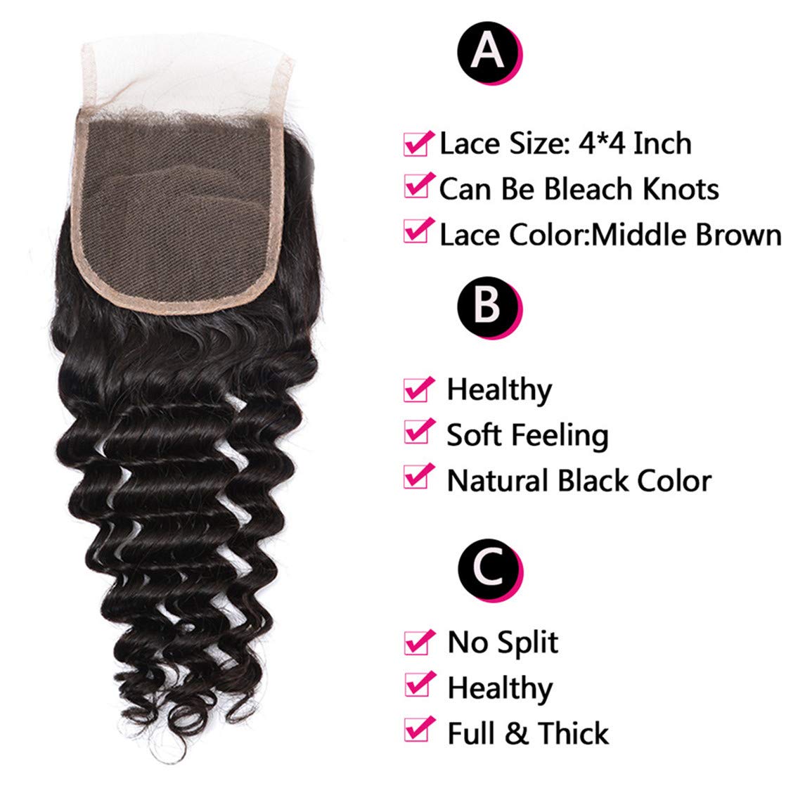 Deep Wave Closure - 4"x4" 150% Brazilian Virgin Human Hair | Soft, Smooth, Bleached Knots, Free Part