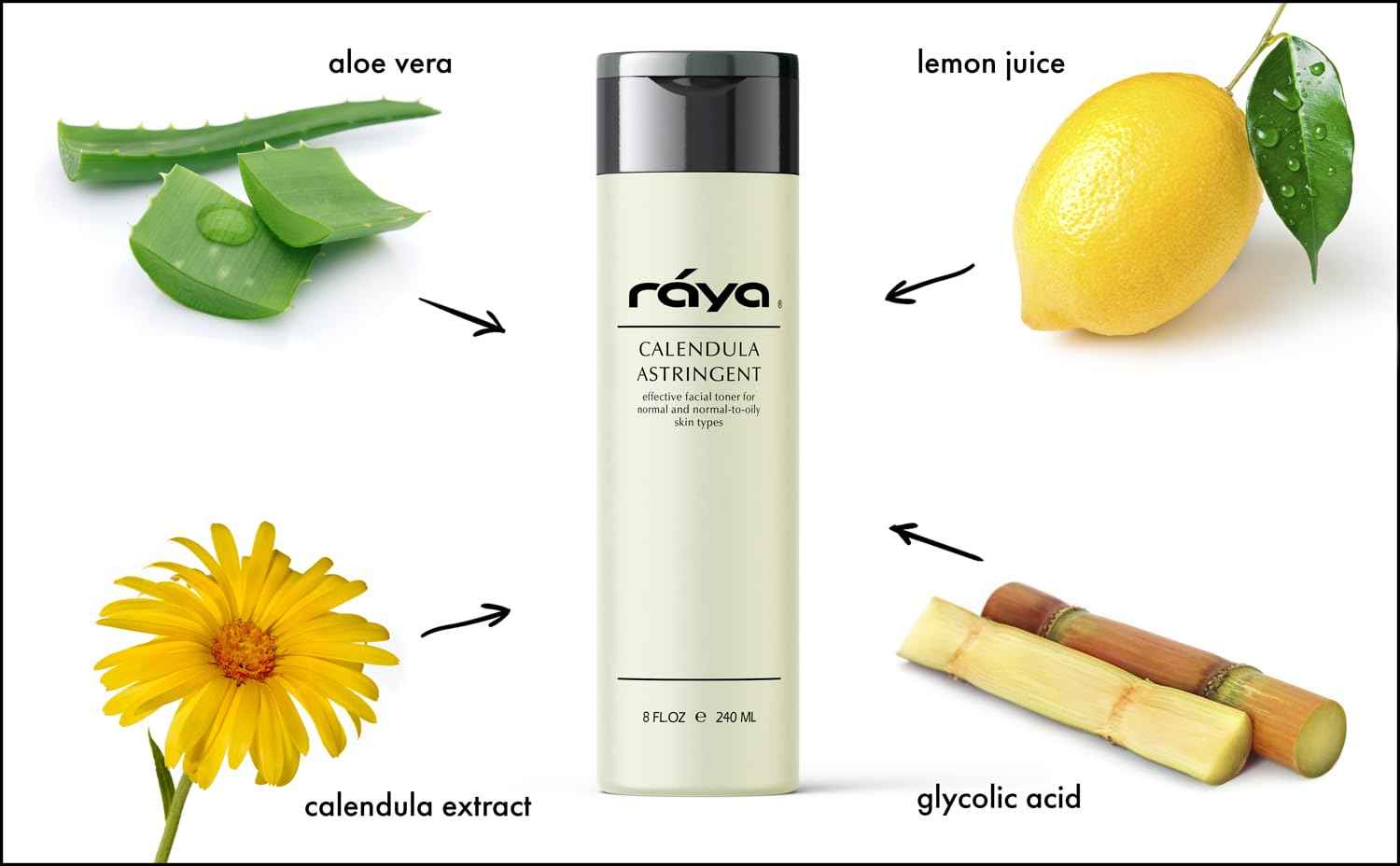 RAYA Calendula Astringent with AHA 8 oz (G-206) | Glycolic Facial Toner for Combo and Partially Oily Skin Prone to Break-Outs | Helps Normalize pH and Fight Bacteria | Made with Alpha Hydroxy Acids