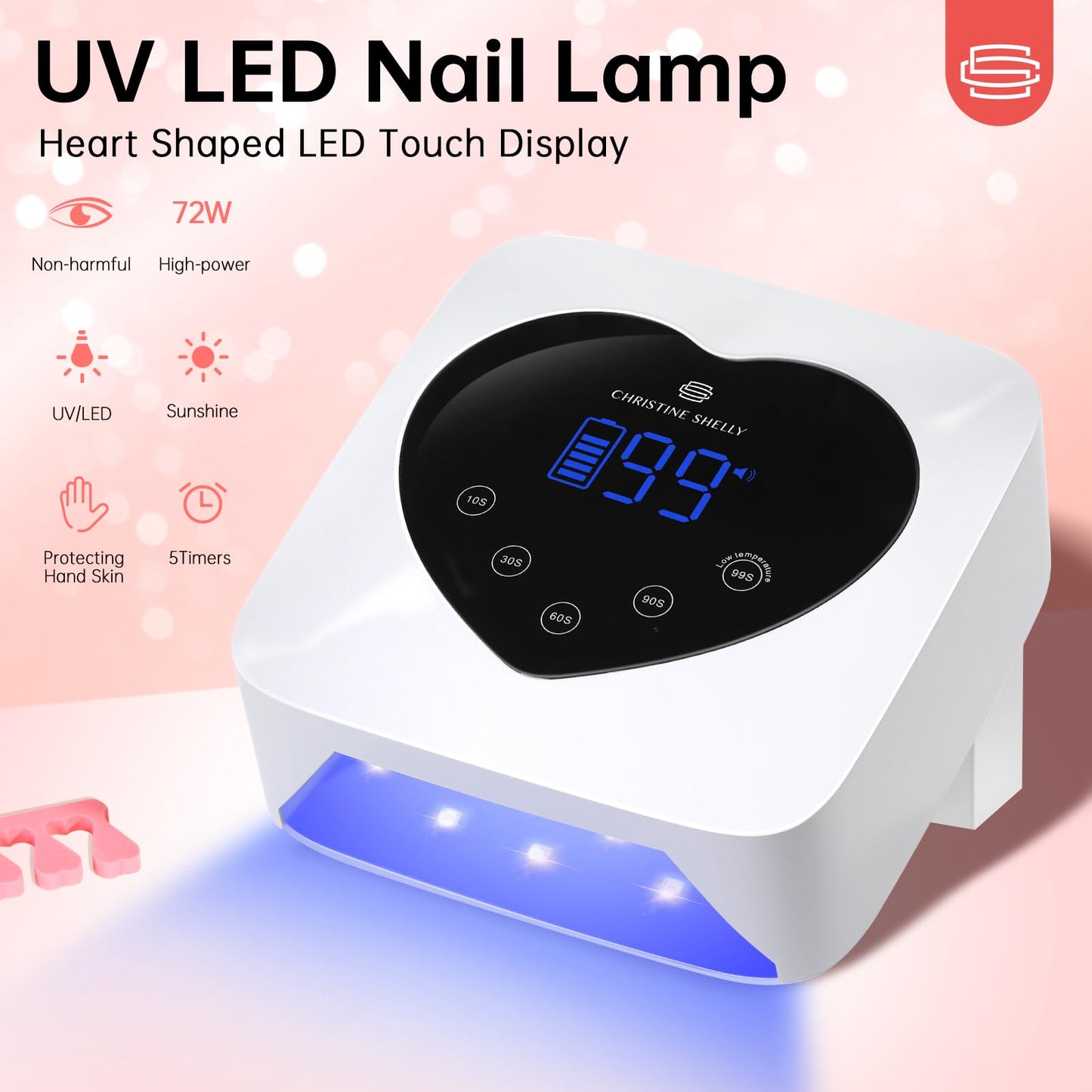 CHRISTINE SHELLY UV Light for Gel Nails, 72W Rechargeable Wireless Nail Lamp Gel Polish Light with 5 Timer Setting Professional Quick Dry Curing Lamp with Display Auto Sensor for Salon & Home, White