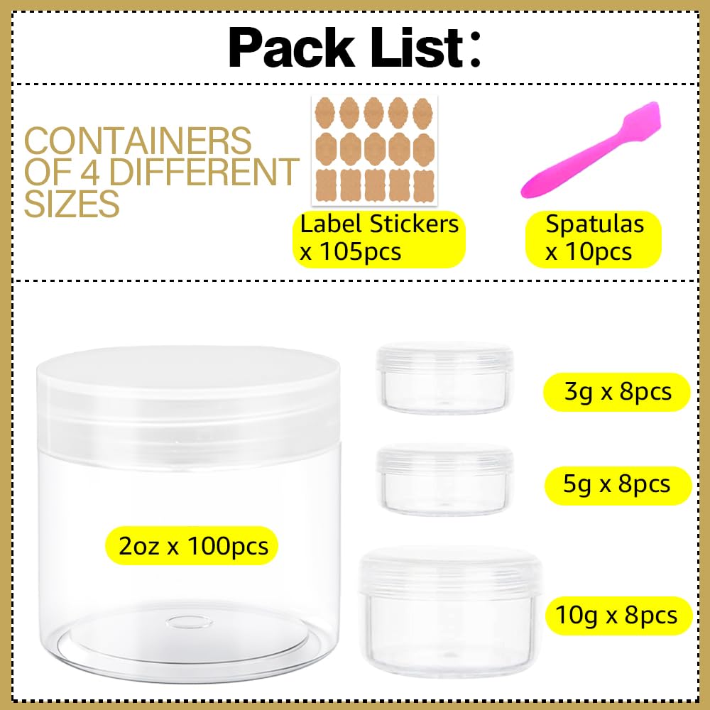 Plastic Containers with Lids - 100-Pack 2 oz Jars for Lip Scrub, Body Butters & Creams | Includes 24 Sample Containers