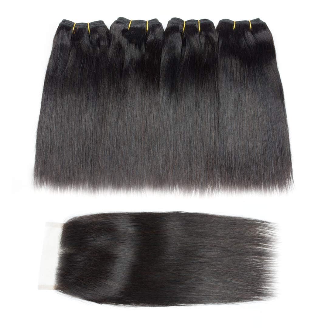 Selina Straight Human Hair Bundles With Closure 8 8 8 8+8 Inch 4x4 Lace Closure 100% Brazilian Virgin Human Hair 4 Bundles Wiht Closure Deals Hair Extensions Qucik Weave Bundles Natural Black