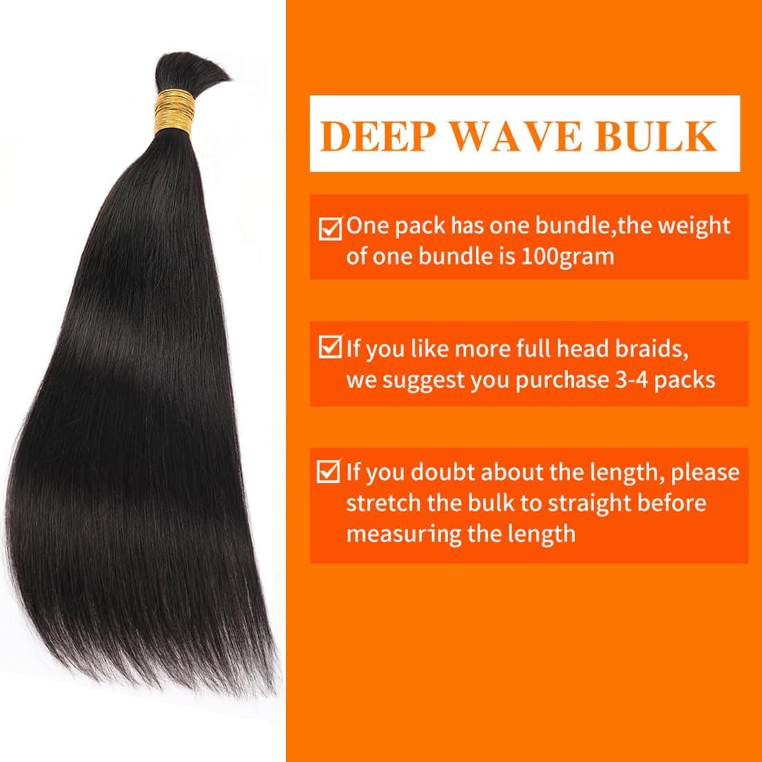 Human Braiding Hair Extensions - 20 Inch Straight Bulk Virgin Hair for Boho Braids | Natural Black, 100g