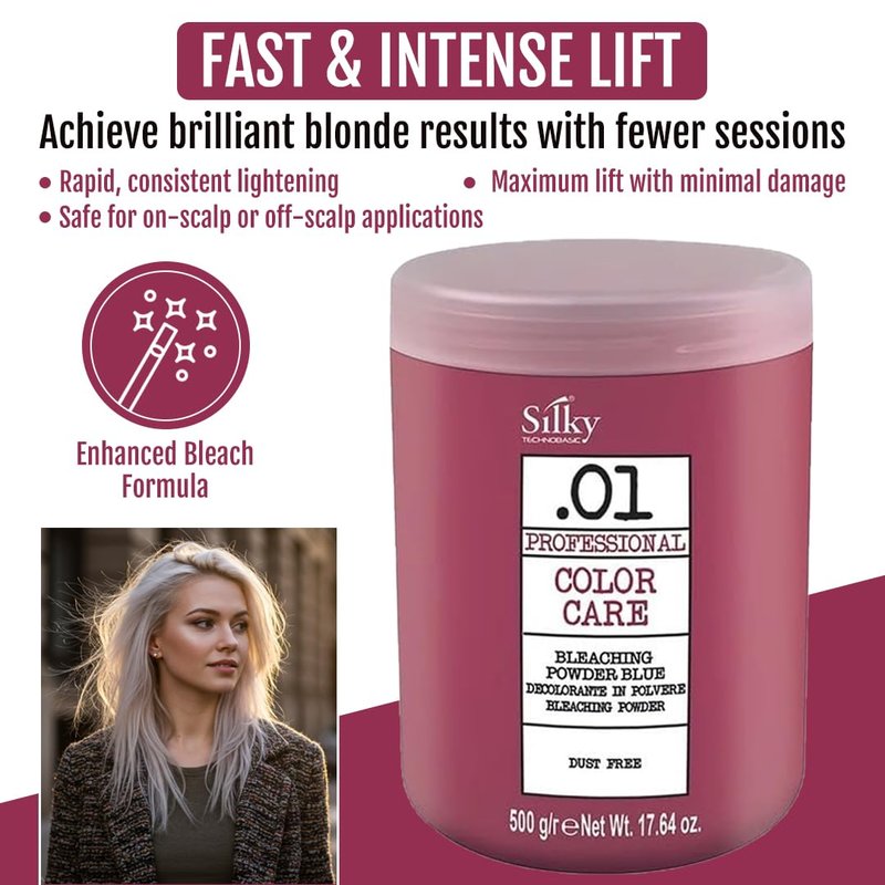 Silky Technobasic .01 Hair Bleach Powder with Blue Micro Pigment - Anti-Yellow Action Bleach for Dark Hair with Fast Lightening & Up to 7 Lifting Tones - Bleaching Powder Ideal for All Hair Types
