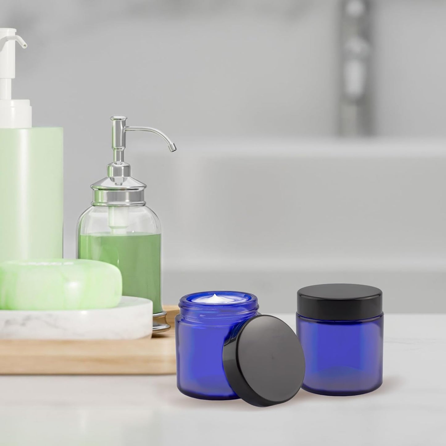 Cobalt Blue Glass Cosmetic Jars - 2oz Straight Sided Jars with Black Lined Lids | Pack of 12 for Balms & Creams