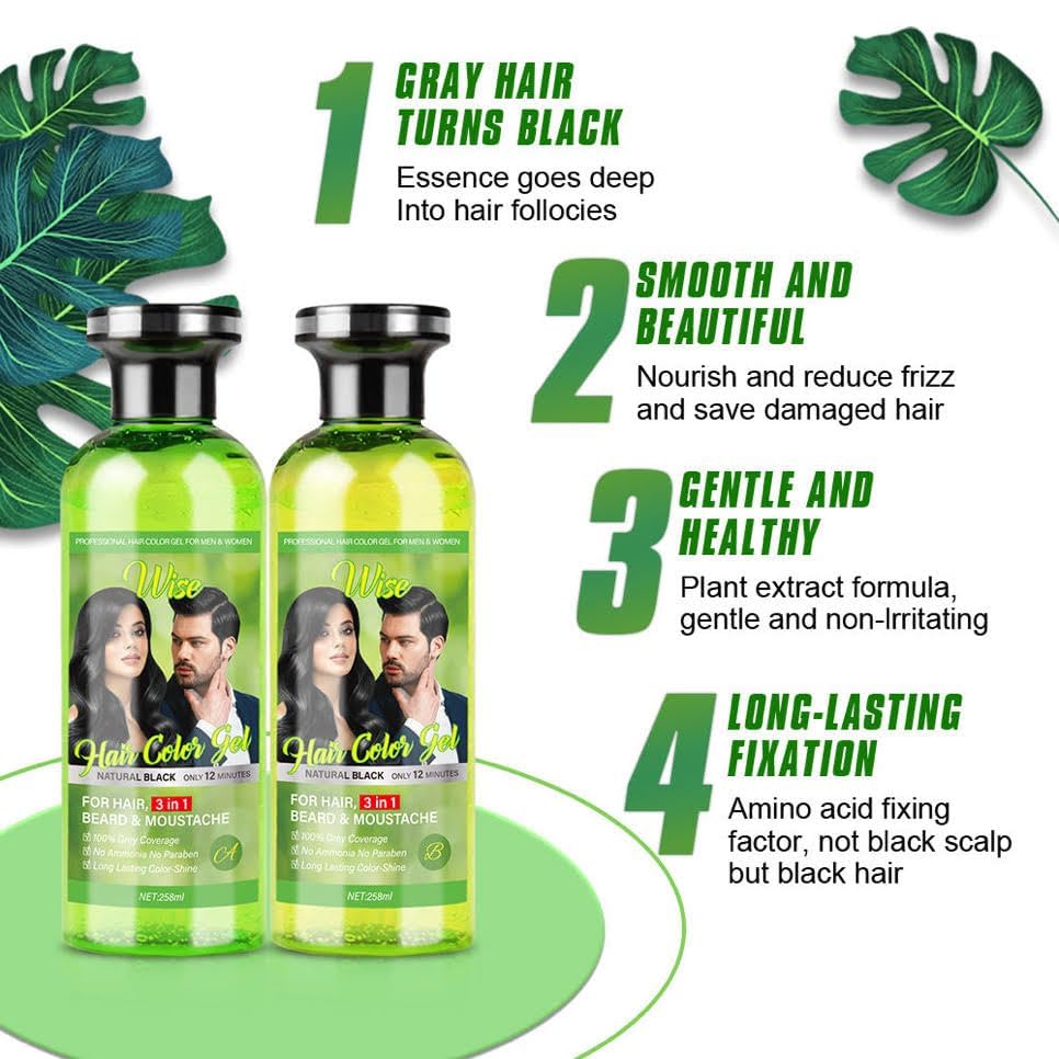 Natural Hair Color Gel - 3 in 1 Semi-Permanent Black Dye for Gray Coverage | Plant-Based with Olive Extract, 500ml x 2