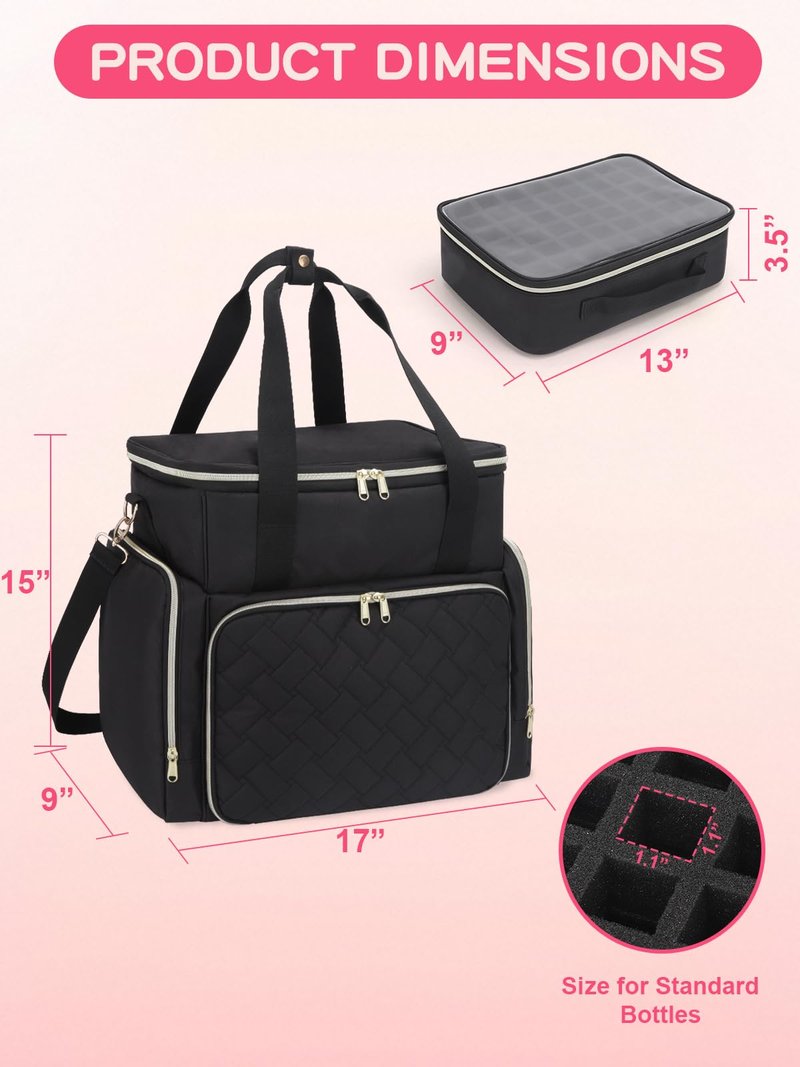Nail Polish Organizer Case Holds 96 Bottles (15ml/0.5 fl.oz) and a Nail Dryer,Gel Polish Case Bag with 2 Removable Pouches,Nail Supplies Organizer for Nail Technicians & DIY Manicure Lovers,Black