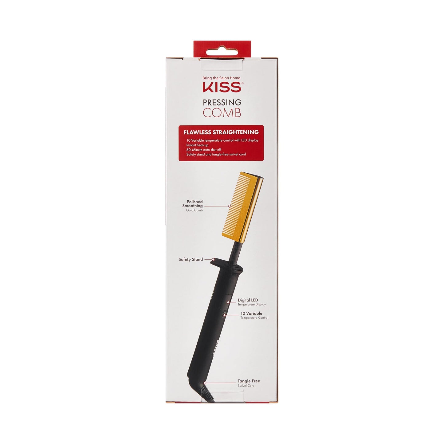 KISS Professional Pressing Comb with Polished Gold Smoothing Comb, Safety Stand, Digital LED Temperature Display, & Tangle Free 360° Swivel Cord
