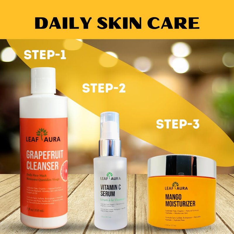 Leaf Aura Daily Skin Care Products Combo- Comes with Cleanser, Vitamin C serum & Mango Moisturizer- Natural + Organic Formula- Made In Canada- For Men & Women (2 pack)