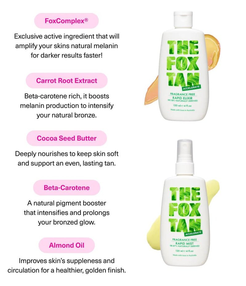 The Fox Tan Fragrance-Free Rapid Tanning Elixir, Tanning Accelerator Lotion For Darker & Faster Tans, Flawless Tans, Vegan & Cruelty-Free, 120mL