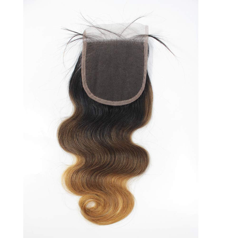 Forawme Brazilian Virgin Human Hair Top Closure Pre Plucked Natural Hairline 18 Inch 4X4 inch 1B/4/27 Ombre Body Wave Lace Closure Hair Pieces With Natural Hairline