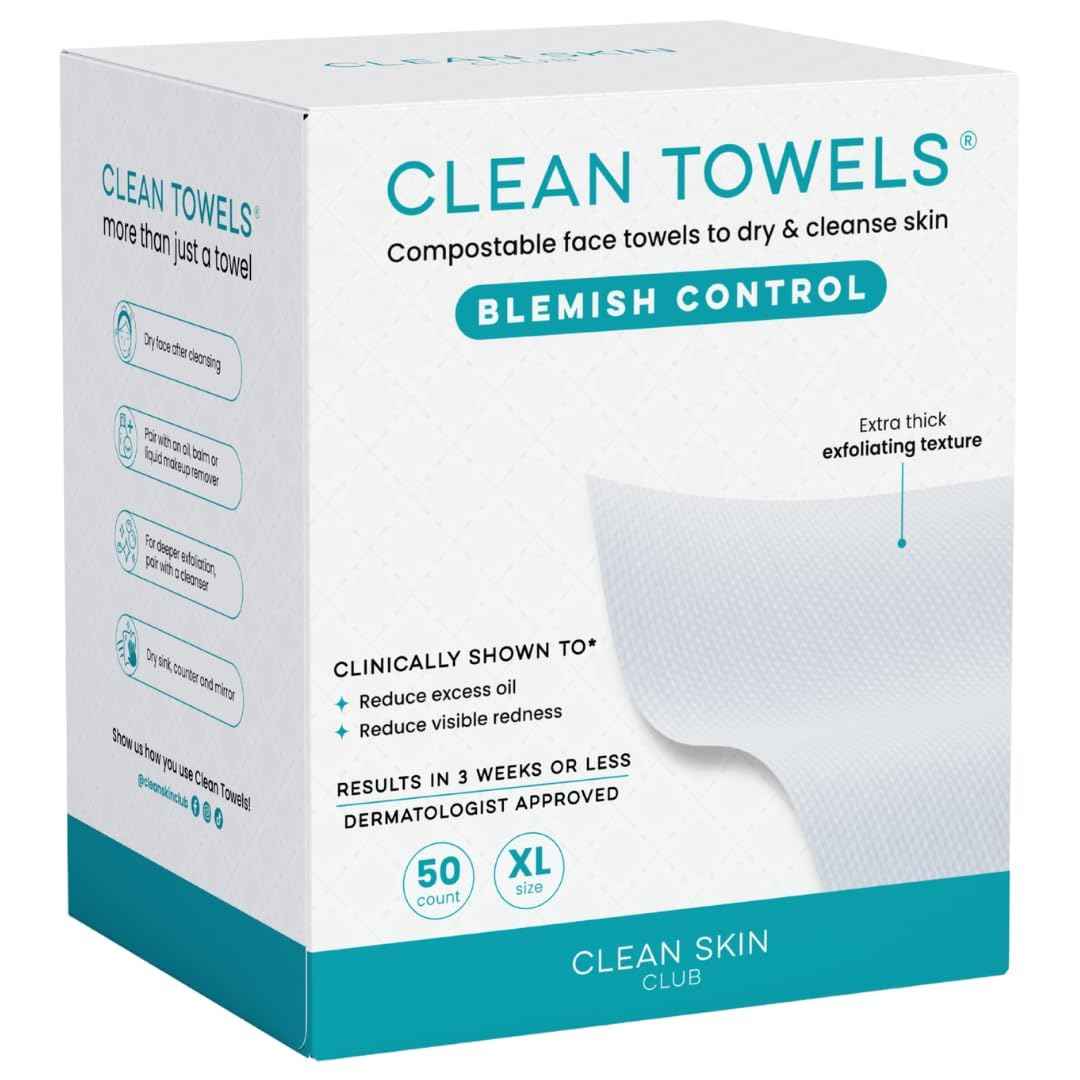 Clean Skin Club Blemish Control Clean Towels® XL, Compostable Face Towels, Light Exfoliation for Oily Skin, Eczema Association Accepted Disposable Face Towelette, Makeup Remover Dry Wipes, 50 count