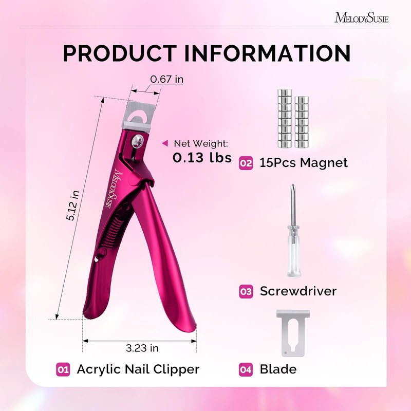 MelodySusie Acrylic Nail Clippers with 15pcs Magnet Sizers, Professional Nail Clippers Cutters for Long Acrylic Gel Nails Tips, Adjustable Stainless Nail Trimmer, Manicure Tool for Salon Home, Plum