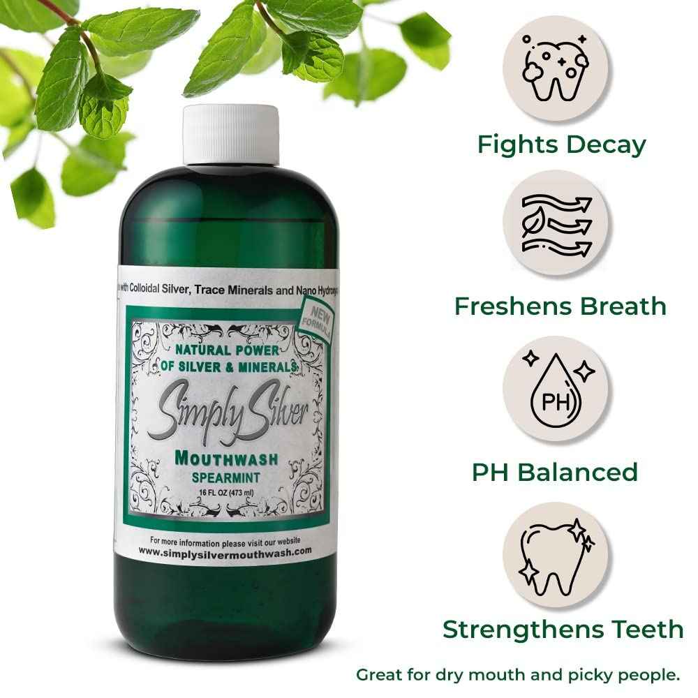 Simply Silver Mouthwash Spearmint Flavor- Nano Hydroxyapatite Formula, All Natural Colloidal Silver Mouthwash Chemical, Alcohol, Fluoride, and BPA Free, 16 oz