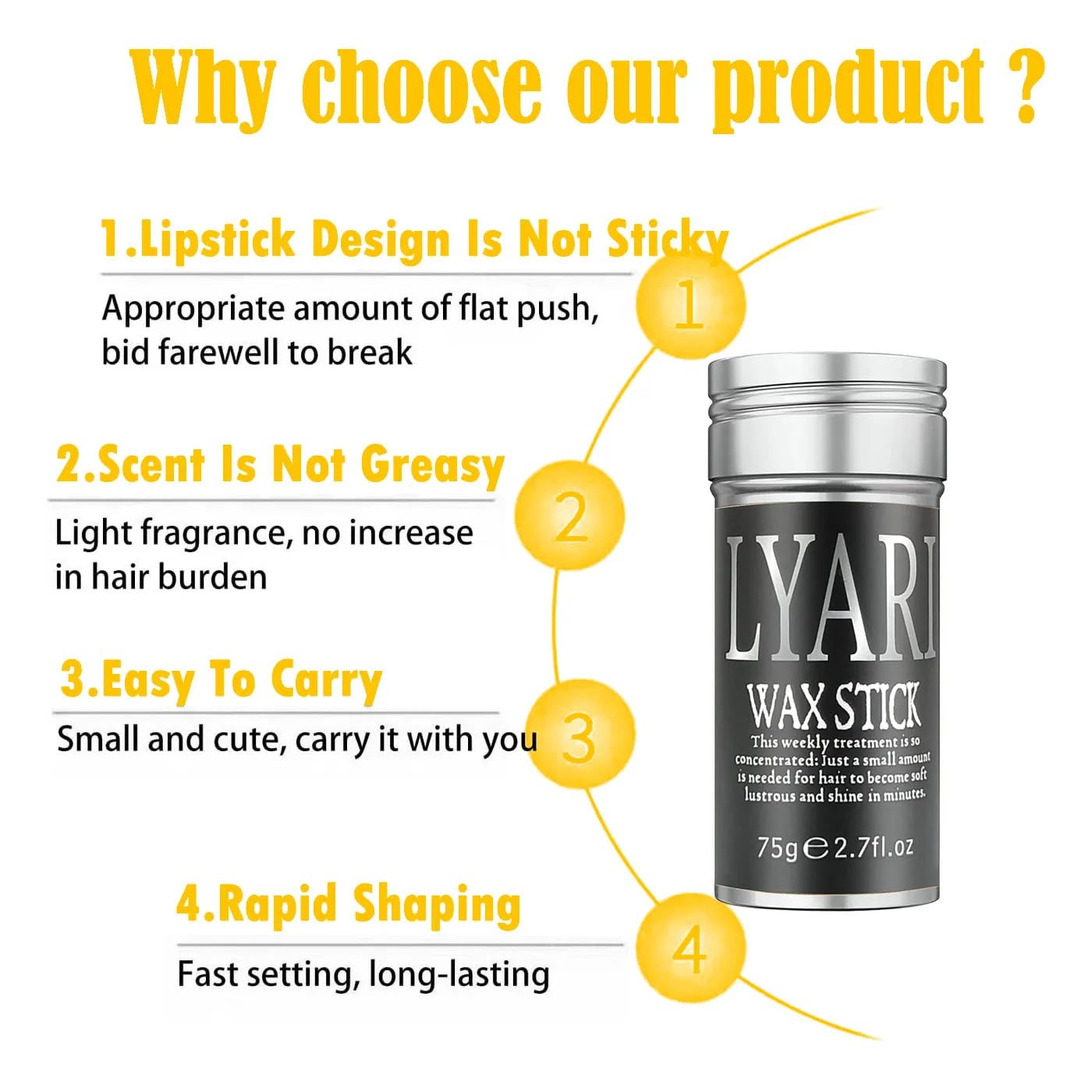 LYARI Hair Wax Stick, Hair-Styling Waxes, Nourishing Accessories - Slick Stick for Both Women & Kids, Gel Tamer for Flyaways, Bun Maker & Styling Cream, 2.7 Fl Oz