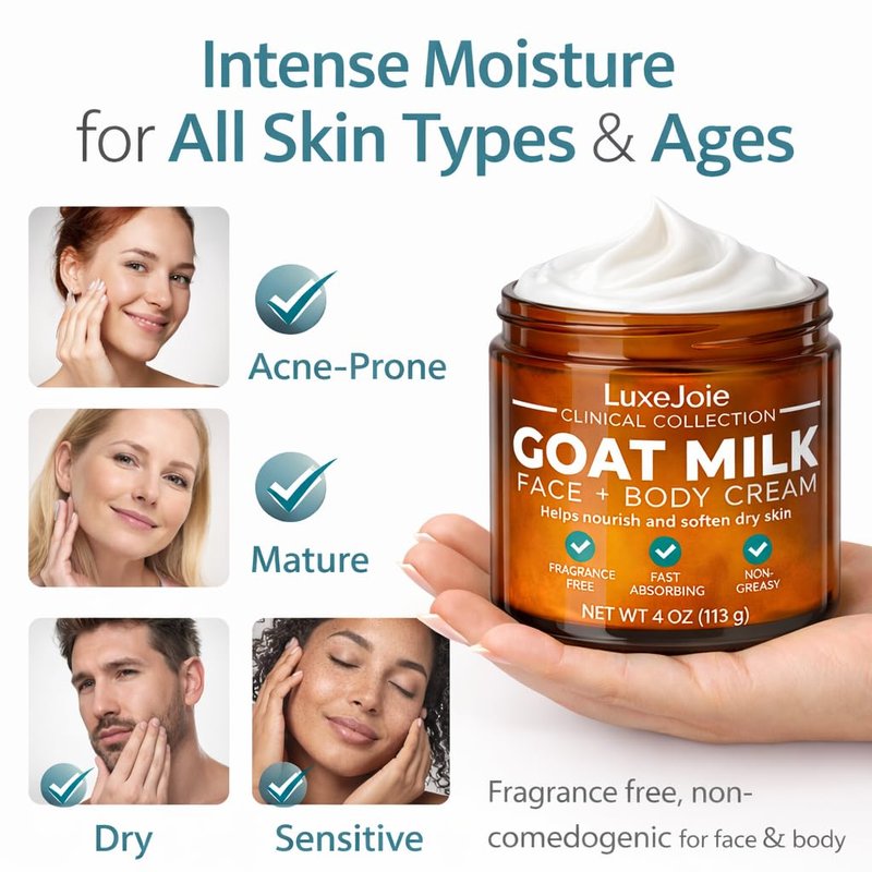 LuxeJoie Goat Milk Face Cream – Fragrance Free Moisturizer for Dry & Sensitive Skin – Fast Absorbing Non Greasy Hydration – Gentle Goat Milk Face & Body Lotion with Shea Butter – 4 oz