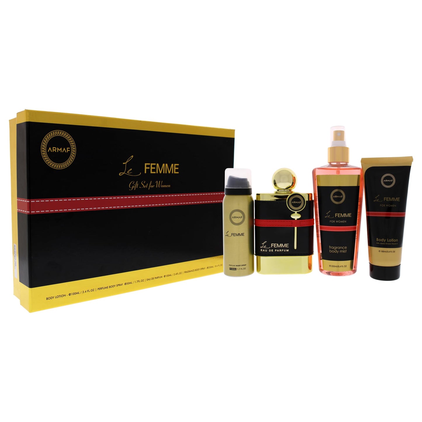 ARMAF Le Femme 4-Piece Set for Women, (3.4 Oz Eau De Parfum + 3.4 Oz Body Lotion + 1.7 Oz Body Spray + 8.4 Oz Body Mist)