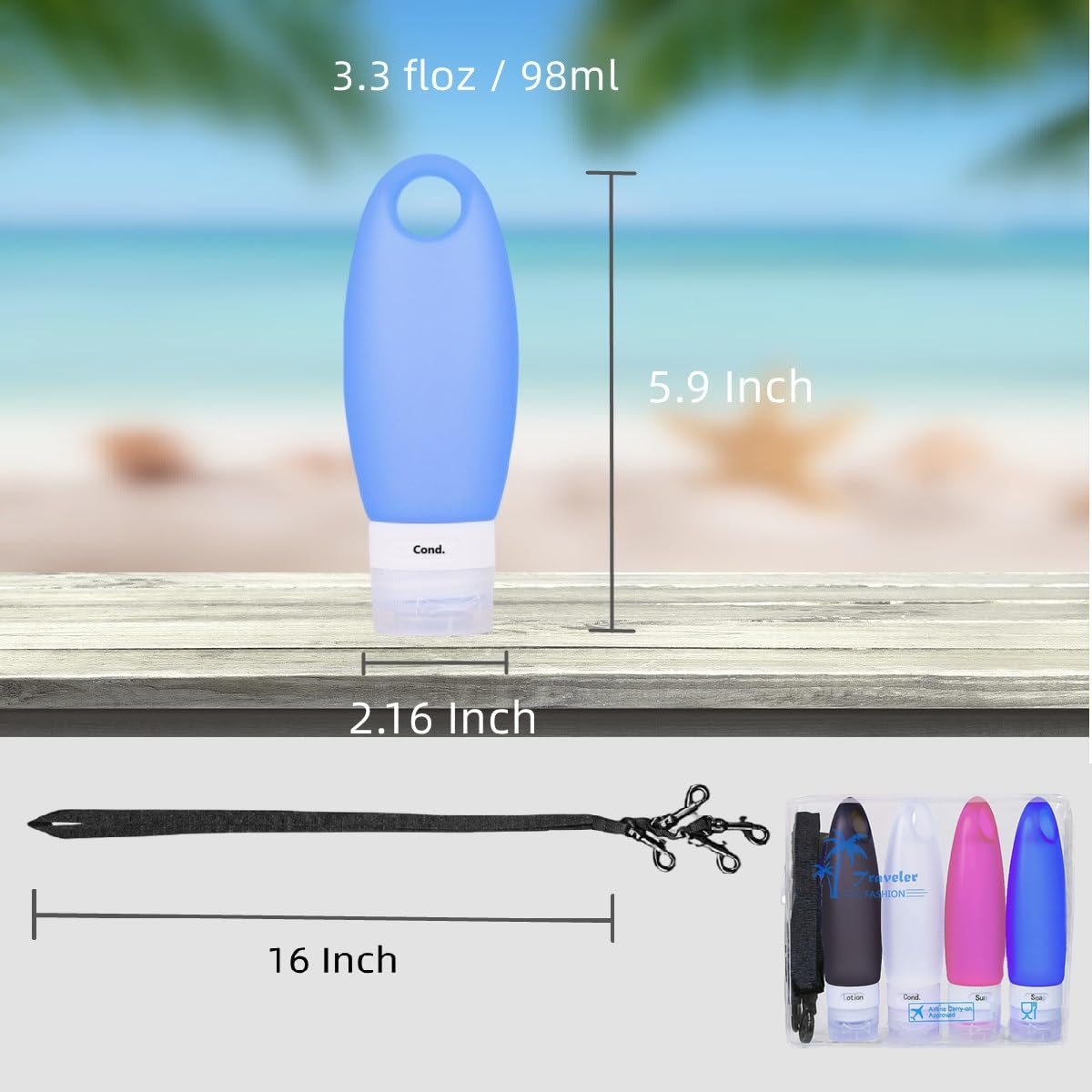 Fullplus Portable Silicone Squeezable Bottles Refillable Cosmetic Gym Containers Travel TSA Approved Tube Set with Shower Lanyard for Shampoo Lotion