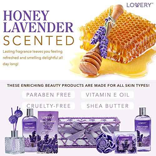 Bath and Body Gift Basket For Women and Men, Honey Lavender Home Spa Set with Essential Oil Diffuser, Soap Flowers, Bath Salts, Bubble Bath & More - 13 Piece Set, Presents for Mom