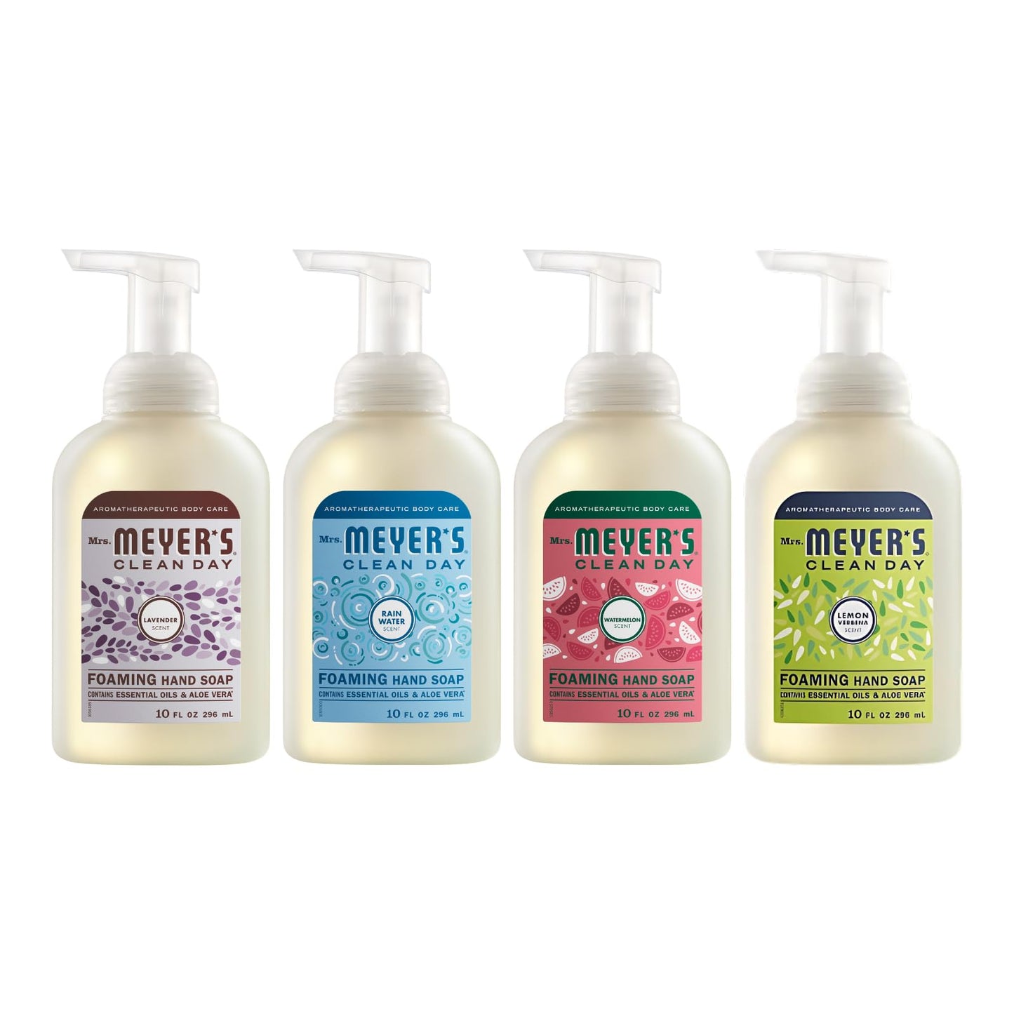 Mrs. MEYER'S CLEAN DAY Foaming Hand Soap 4 Scent Variety Pack, 1 Rain Water, 1 Lavender, 1 Lemon Verbena, 1 Watermelon, 10 OZ Each, 1 CT