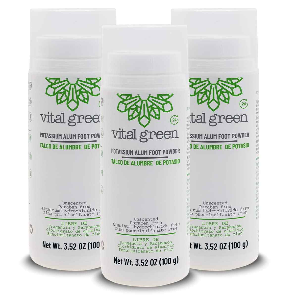 Vital Green Natural Powder Deodorant of Crystal Stone Alum (Potassium) - Unscented - Body or Feet Use - 100 g - 3.53 oz (3 Units)