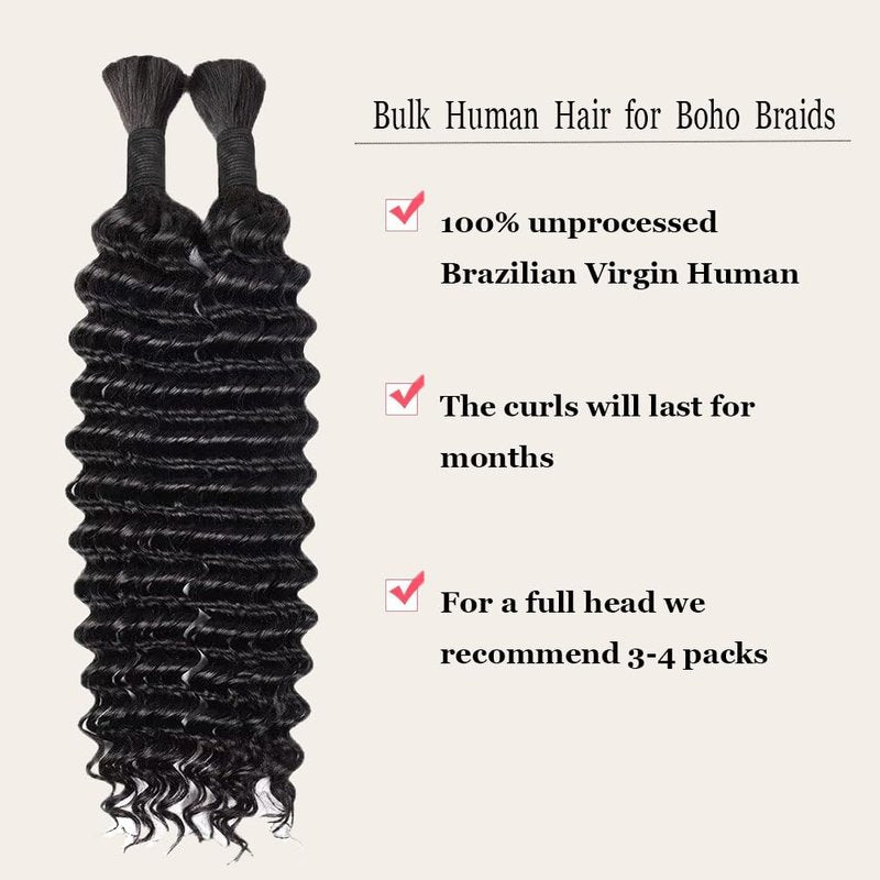 Human Braiding Hair - Boho Deep Wave Bulk Extensions | 100g, 16 Inch, No Weft, Natural Color