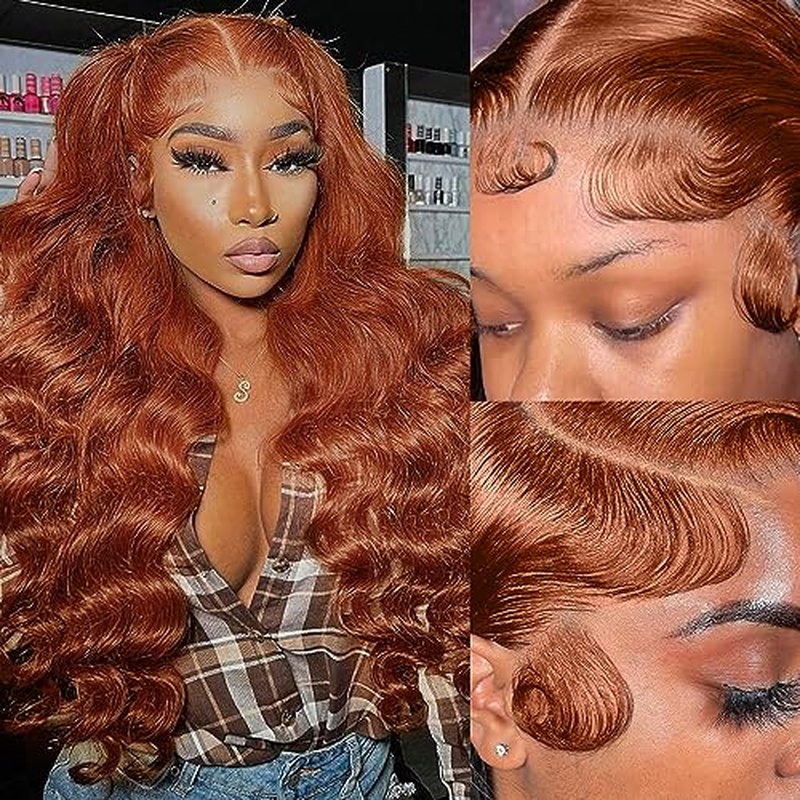 200 Density 13x6 Reddish Brown Lace Front Wigs Human Hairs Pre Plucked 13x6 HD Transparent Body Wave Lace Front Wigs With Baby Hair Ginger #33 Colored Human Hair Wig For Women (22 Inch)